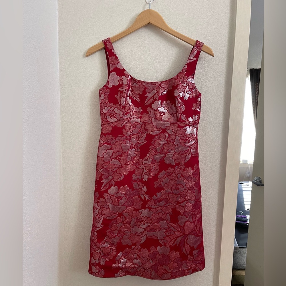 Vintage Vivienne Tam Red Metallic Silver Floral Brocade Mini Dress Size 4